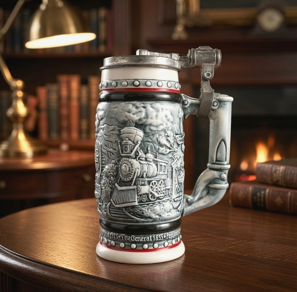 Vintage AVON Beer Mug Locomotive Train Beer Stein with Silver Lid Tankard Mug